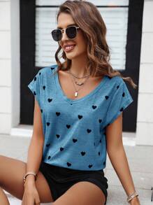 SHEIN LUNE Heart Print Women's T-Shirt - Blue - View 4