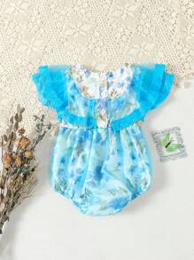 Baby Girl Floral Printed Lace & Mesh Contrast Bodysuit - Multicolor - View 2