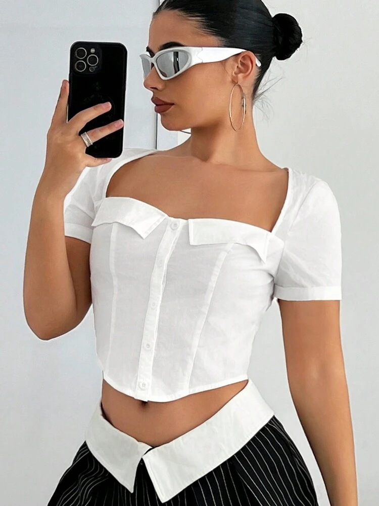 Women's Fashionable Square Neck Short Open Front Casual Shirt
