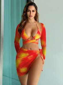 SHEIN Swim Bộ bikini cúp tam giác dây màu gradient dành cho nữ - Đỏ - Xem 1