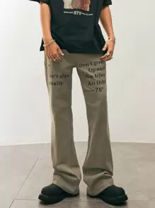 Manfinity Roghcode Men's Slogan Printed Flared Pants - Army Green - View 4
