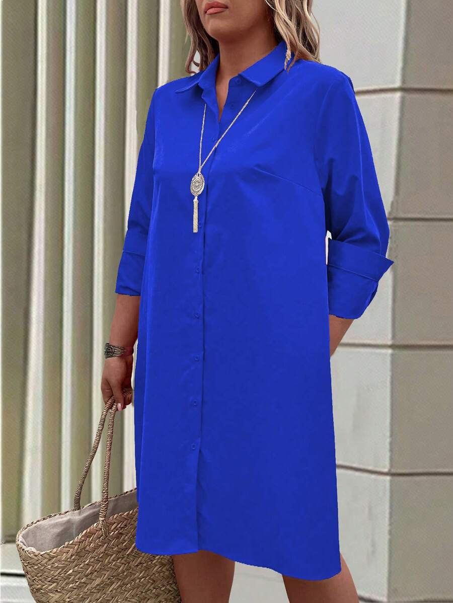EMERY ROSE Plus Size Women's Long Sleeve Shirt Dress - Royal Blue - View 1