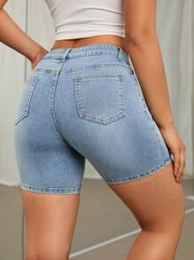 Women's Slim Fit Denim Shorts With Diagonal Pockets - Medium Wash - View 2