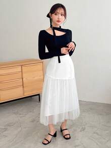 FRIFUL Ladies' White French Style Mesh Skirt - White - View 2