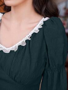 Modelyn Của phụ nữ Đúng mốt Tay áo dài Vòng cổ Đầm - Màu xanh lá cây đậm - Xem 3