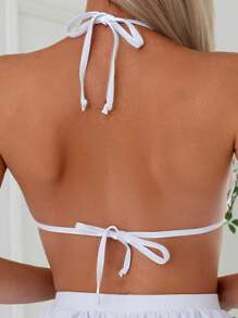 SHEIN Swim 纯色露背挂脖式结饰两件套比基尼套装夏季海滩 - 白色 - 查看 4