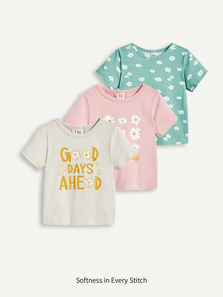 Baby Girls' 3pcs Floral Patterned Short Sleeve Tops With Round Neck