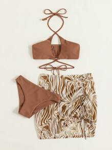 SHEIN Swim Conjunto de bikini de estampado de mármol con sujetador superior inalámbrico cruzado y Bottom de bikini, y falda de pareo con cordón, 3 piezas de bikini, traje de baño de verano para la playa