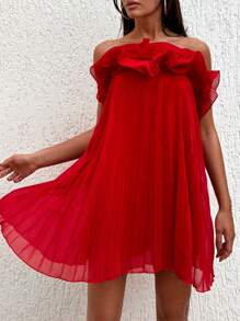 RueChic Summer Casual Multi-Layer Ruffle & Pleated Strapless Dress - Hot Pink - View 3