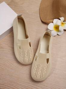 女款柔軟輕便米色平底鞋,圓頭露空呼吸低幫優雅夏季時尚平底鞋 - 米色 - 查看 3