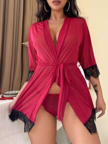 Lace & Mesh Splice Sexy Lingerie Dress - Burgundy - View 5