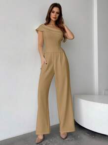 Firerie Ladies Solid Color Asymmetric Collar Top And Pants Two Pieces Set - Khaki - View 6