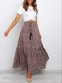 Falda Larga Midi Para Mujer Con Estampado De Leopardo - Multicolor - Ver 1