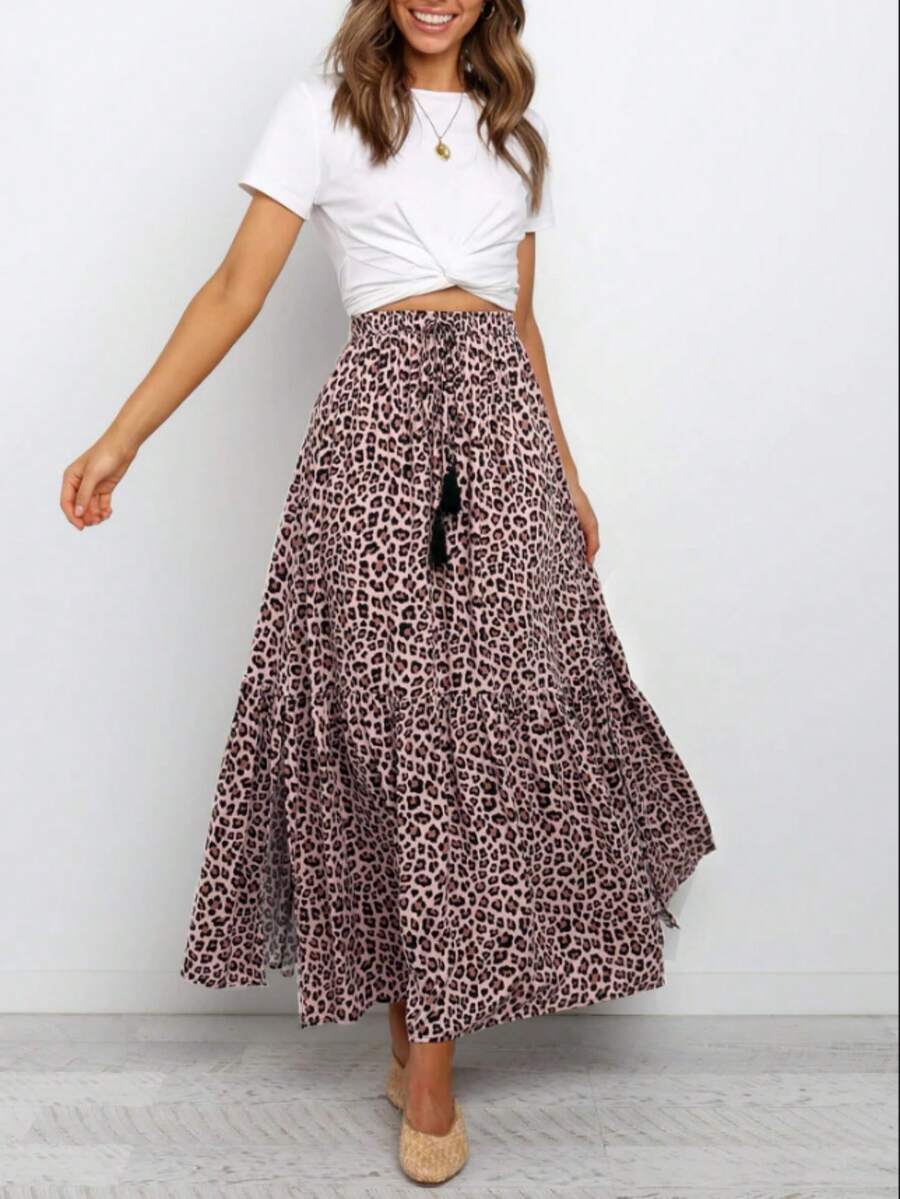Falda Larga Midi Para Mujer Con Estampado De Leopardo - Multicolor - Ver 1