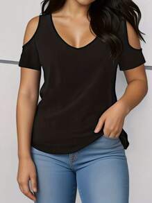 SHEIN LUNE Của phụ nữ Kích thước lớn Cổ chữ V Off Shoulder Đường viền cổ áo Giải trí Áo thun - màu đen - Xem 1