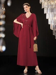 Al Najma 勃艮第红女士时尚优雅不对称长袖水钻装饰阿拉伯风格连衣裙 - 酒紅色 - 查看 6