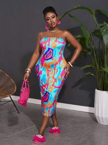 Slaydiva Plus Size Holiday Leisure Stretchy Knit Colorful Water Ripples Printed Strapless Bodycon Dress, For Summer
