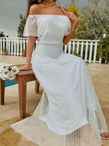 RueChic Women Off Shoulder Ruff Trim Long Dress - White - View 1