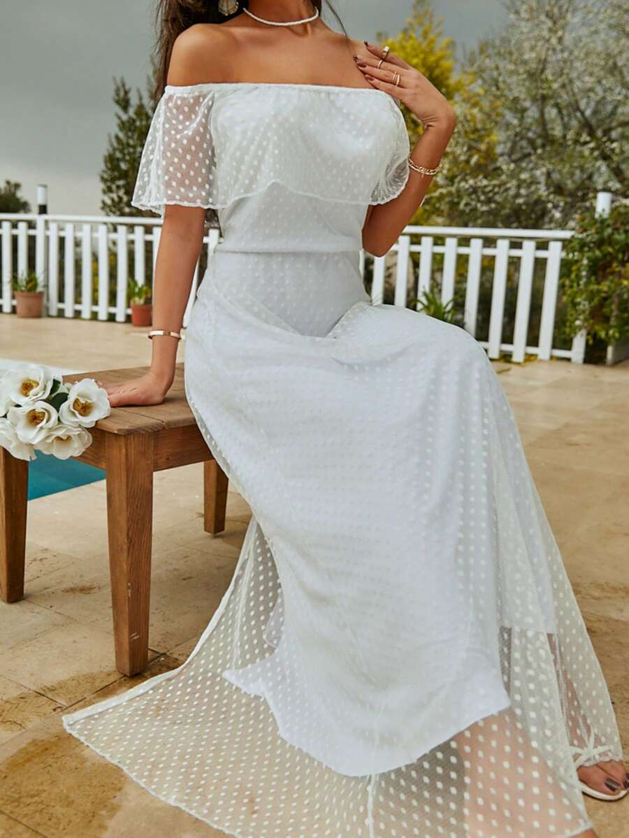 RueChic Women Off Shoulder Ruff Trim Long Dress - White - View 1