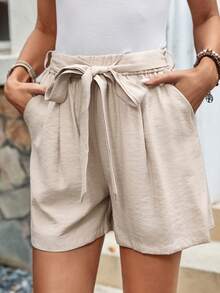 SHEIN Frenchy Shorts Estivi Con Plissettatura A Vita Alta Con Nodo Anteriore Monocolore, Adatto Per La Vacanza - Cachi - Visualizzare 4