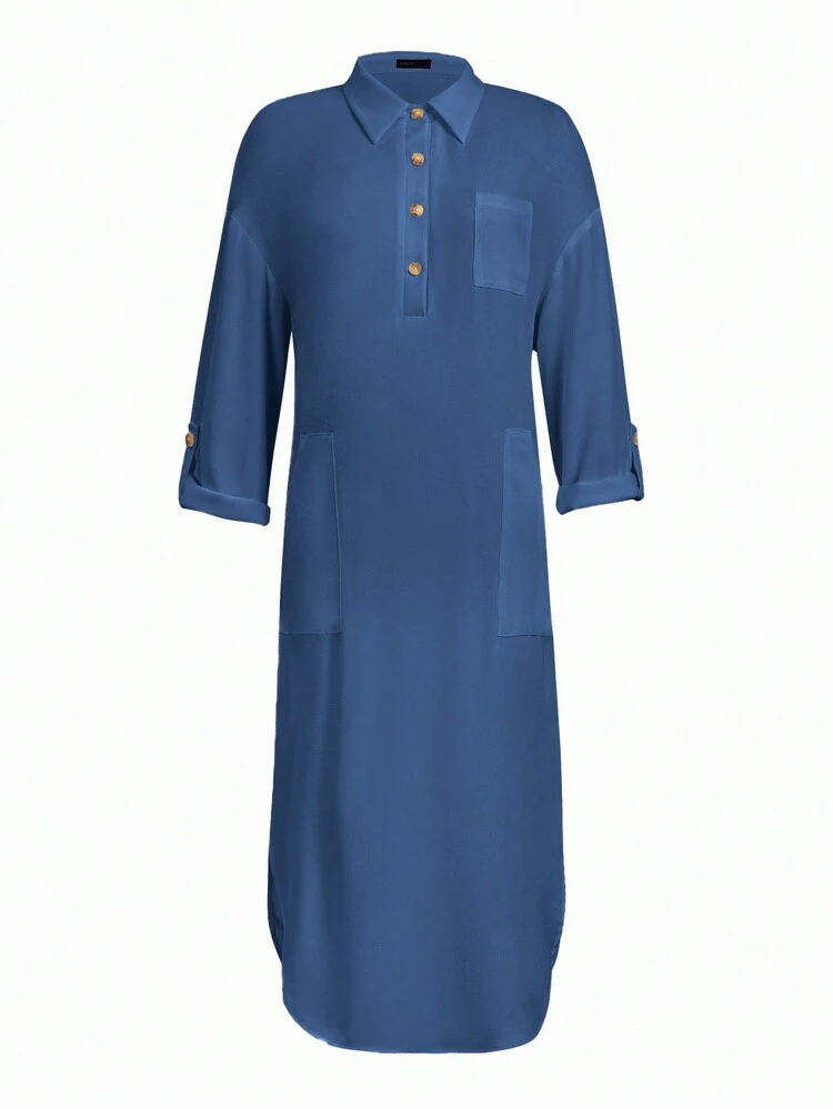 Women's Solid Color Side Slit Asymmetric Curved Hem & Rolled Sleeve Dress