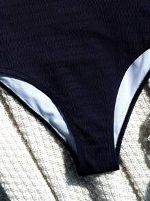 SHEIN Swim 夏季海滩纯色细肩带连体泳衣 - 藏蓝色 - 查看 7