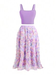 Set aus plissiertem ärmellosem Top und besticktem Rock für Teenager Mädchen einfarbig