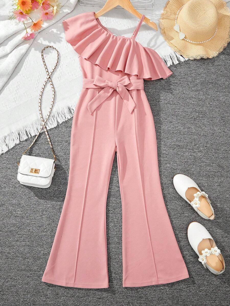 Sparklyn Tween Girls Solid Color Asymmetrical Shoulder Ruffle Trim Belted Flared Jumpsuit - Pink - View 1