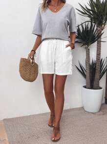 EMERY ROSE Women's Stylish Drawstring Shorts With Hollow Out Design - White - View 5