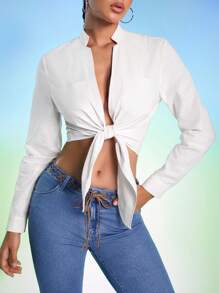 Ashley Hobart Designs 设计师商务休闲春季系带短款长袖衬衫，秋季，适合秋季、假日、度假、节日、办公室 - 杏色 - 查看 2