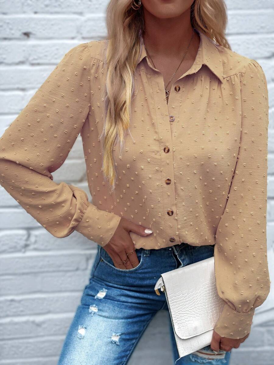 SHEIN LUNE Màu thuần Textured Tay áo lồng đèn Áo sơ mi - Màu Khaki - Xem 1