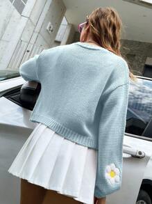 Chiquease Women Cardigans Bunga Plants Casual - Baby Blue - View 2