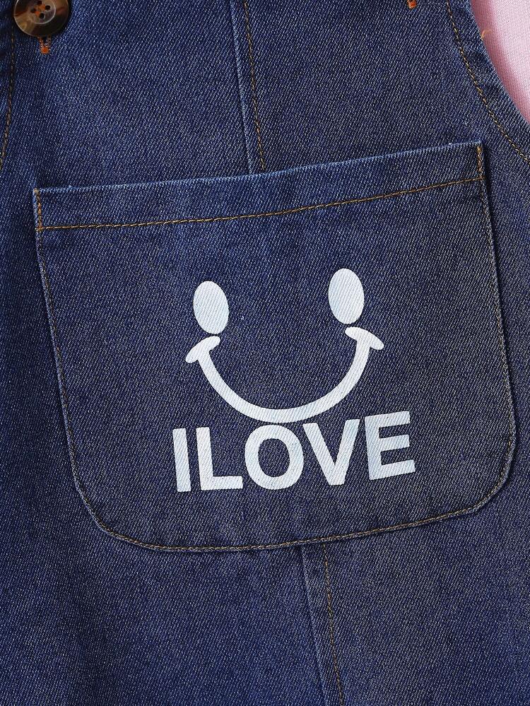 Baby Boy 2pcs/Set Solid Color Long Sleeve Top And Smiling Face Print Denim Overalls Set, Spring & Autumn