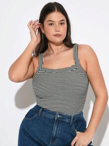 SHEIN BASICS 大尺碼2入組夏季休閒修身無袖針織條紋背心 - 黑與白 - 查看 5
