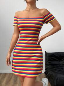 SHEIN EZwear Sọc Cầu vồng Dệt kim Off-shoulder Của phụ nữ Váy bodycon - Nhiều màu - Xem 4