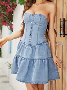 Breezaya Front Button Up Denim Overall Dress - Light Wash - View 3