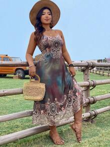 SHEIN Clasi Plus Size Printed Tie-Dye Vacation Cami Dress - Multicolor - View 4