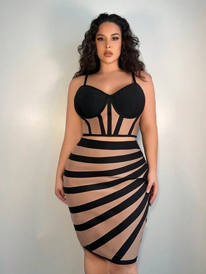 SHEIN SXY Plus Size Summer Colorblock Slim Fit Tank Top And Bandage Skirt Two Pieces Set