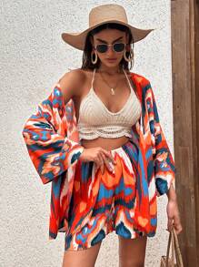 SHEIN Ensemble Imprimé Kimono Et Mini-short Avec Effet Marbré Multicouleur Partout