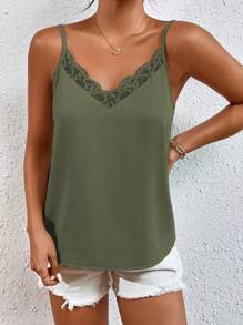 SHEIN Frenchy Contrast Lace Cami Top   Commute Minimalist Office Old Money  Simple Summer Green Casual Christmas - Dark Green - View 5