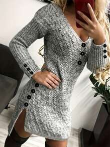 SHEIN LUNE Slim-Fit Long Sleeve Button Detailing Dress