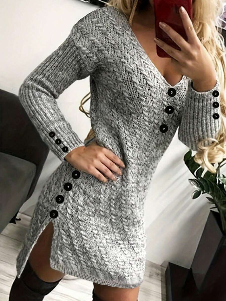 SHEIN LUNE Slim-Fit Long Sleeve Button Detailing Dress