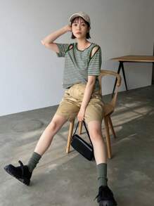 FRIFUL 空心條紋女t恤 - 綠色 - 查看 2