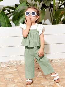 SHEIN Conjunto Casual De 3 Piezas Para Niña, Top Con Volantes En Las Mangas, Tirantes Y Pantalones Largos Con Cintura Elástica