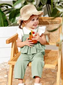 SHEIN Conjunto Casual De 3 Piezas Para Niña, Top Con Volantes En Las Mangas, Tirantes Y Pantalones Largos Con Cintura Elástica