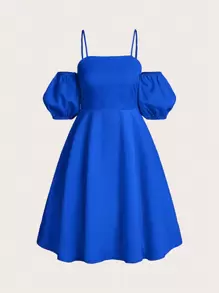 Teen Girl Solid Color Elegant Style Spaghetti Strap Dress - Blue - View 1