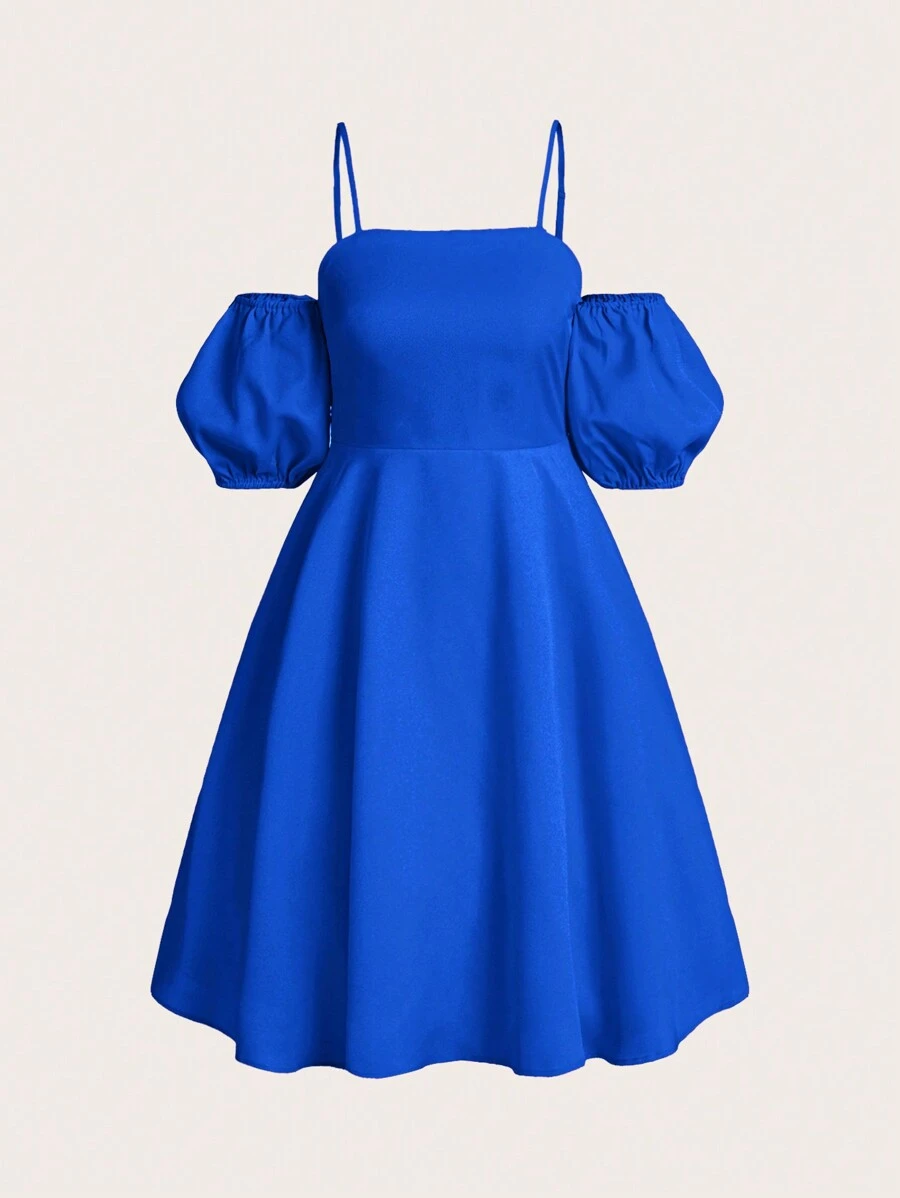 Teen Girl Solid Color Elegant Style Spaghetti Strap Dress - Blue - View 1