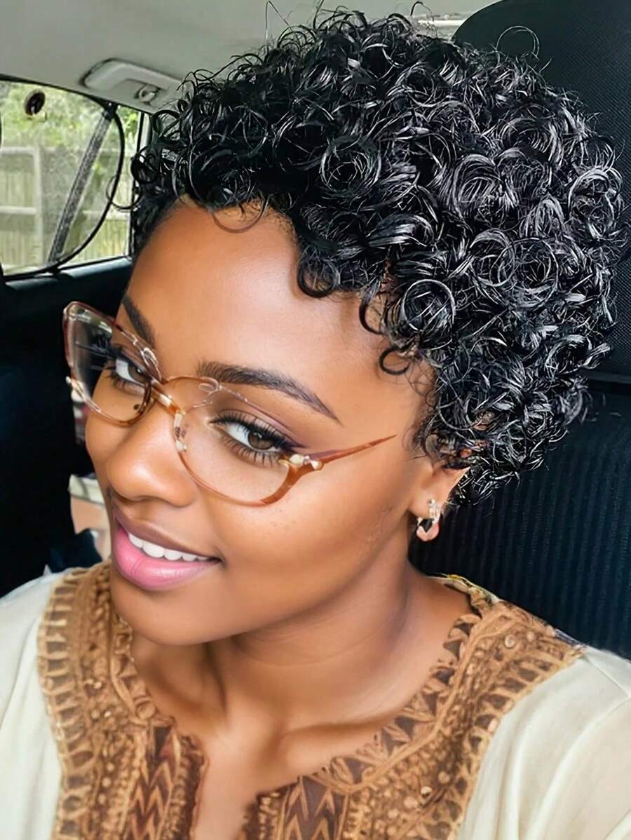 4 Inch Short Curly Synthetic Hair Wig Pixie Cut Curly Short Cut Layered Curly Wigs With Bangs For  Women For Natural Looking - Black - View 1