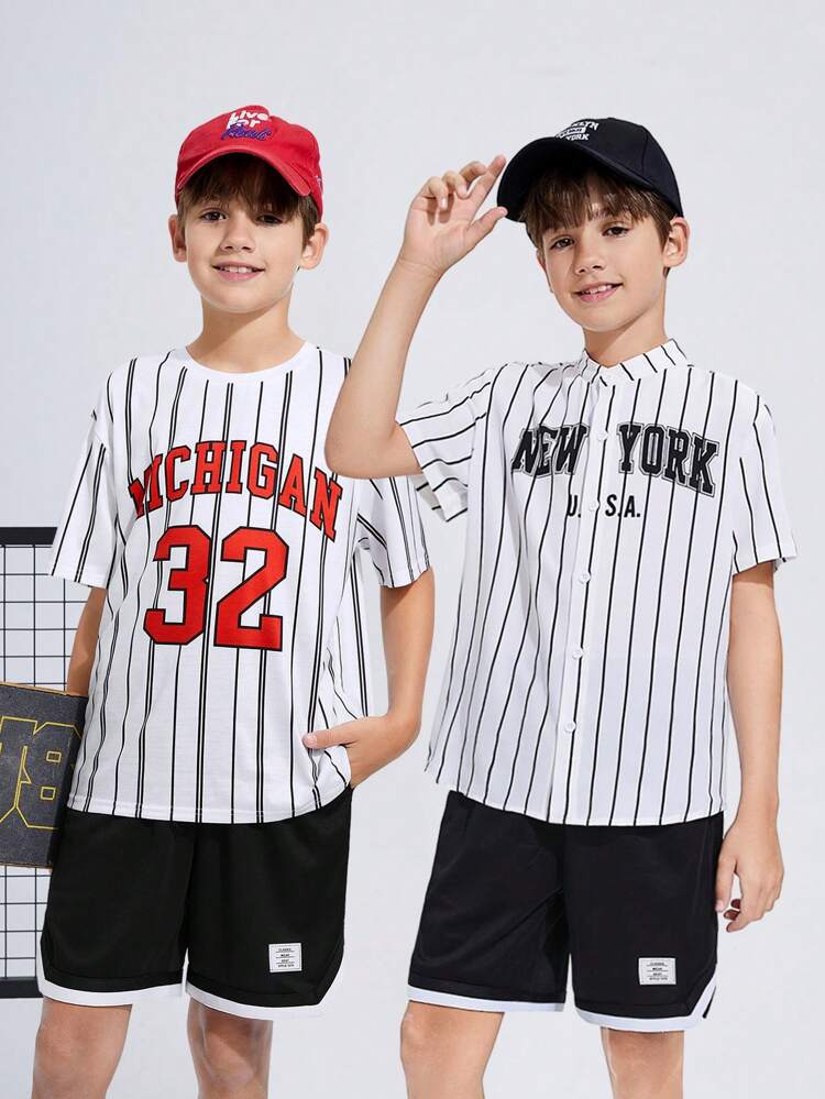 3pcs/Set Tween Boys' Loose Fit Sports Pattern Short Sleeve T-Shirt, Shirt And Shorts