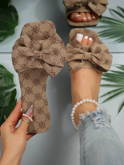 Bowknot Retro Floral Pattern Slip-On Slippers, Women's Fashion Beach Sandals, Non-Slip Summer/Fall New Outdoor Slippers
